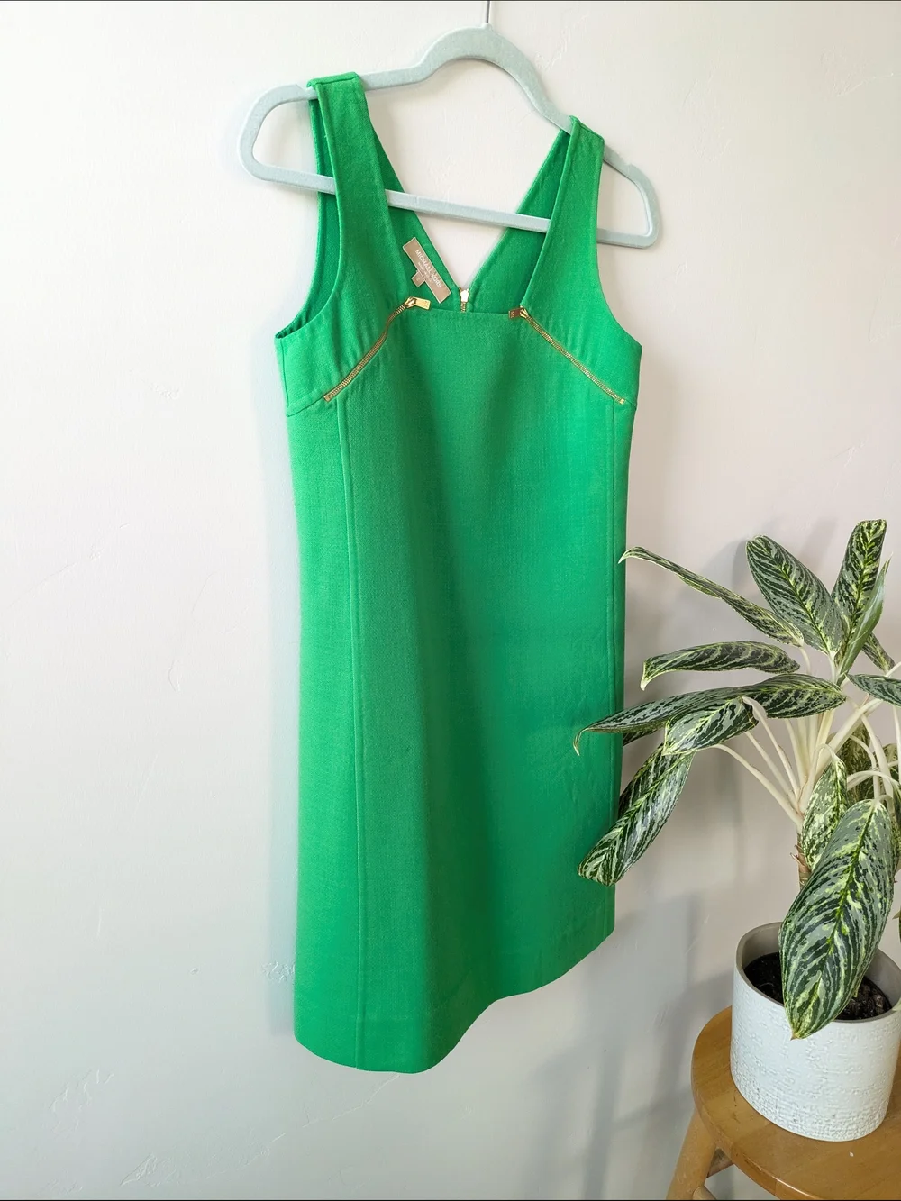 Michael Kors Wool Green Sleeveless Shift Dress with Gold Zips